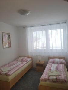 a bedroom with two beds and a window at Komárov Apartment 2 in Komárov