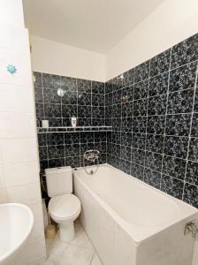 a bathroom with a toilet and a tub and a sink at Garzónka Trenčín in Trenčín