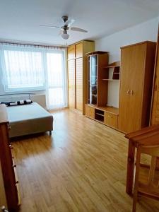a large living room with a bed and wooden cabinets at Garzónka Trenčín in Trenčín