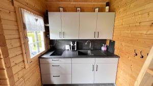 a kitchen with white cabinets and a sink at Haeuslein-Waldesruh in Muldenberg +10 photos