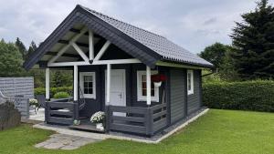 a small shed with a black roof on a lawn at Haeuslein-Waldesruh in Muldenberg