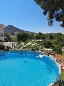 a large blue swimming pool with a mountain in the background at Lagonisi Cottage - with spacious garden in Áyios Nikólaos