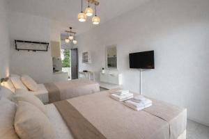 a living room with two beds and a flat screen tv at Ameli Studio ,Balcony with Mountain View, Kitchenette, 1km to Beach by likeyourhome in Corfu