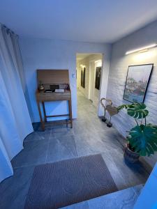 a hallway with a table and a potted plant at Winding B&B Silkeborg in Silkeborg
