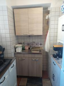 a small kitchen with wooden cabinets and a sink at L'Antica Corte in Mongardino