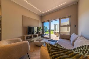 a living room with a couch and a tv at LEO Sky Farm Cottages in Simondium