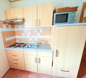a small kitchen with a sink and a microwave at Ferienwohnung Flieder - ruhig und tierfreundlich in Mariendorf