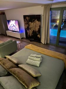 a living room with a couch and a television at SuitePoolBarcelona in Vilassar de Dalt