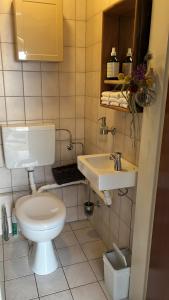 a bathroom with a toilet and a sink at PrivArtZimmer 'Ausfahrt freihalten' in Husum +47 photos