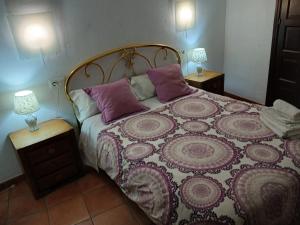 a bedroom with a large bed with purple pillows at Apartamento San Mateo 1 in Cuenca