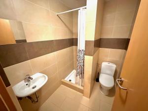 a small bathroom with a sink and a toilet at Pension Am Pilgerbach in Baunatal