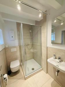 a bathroom with a shower and a toilet and a sink at Gutshaus am Rhein in Düsseldorf
