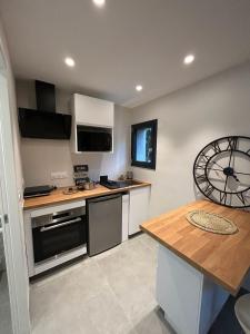 a kitchen with a counter top and a stove top oven at Studio neuf au calme proche Grenoble in Saint-Ismier