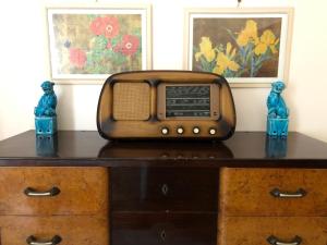an old radio sitting on top of a desk at Una casa ospitale con giardino in Castel SantʼAngelo