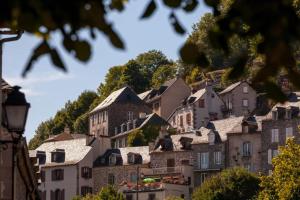 a town on a hill with houses and trees at Hôtel Restaurant du Plomb du Cantal in Murat