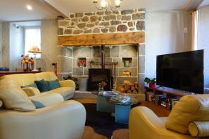 a living room with couches and a stone fireplace at Hôtel Restaurant du Plomb du Cantal in Murat