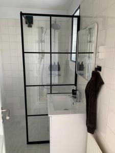 a bathroom with a sink and a glass shower at Familiehus in Nakskov +20 photos