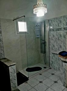 a bathroom with a shower with a chandelier at Casa di Roberto in Porto Cesareo