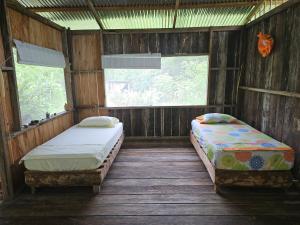 two beds in a wooden room with two windows at Hostal Posada Turística El Bejuco in Leticia
