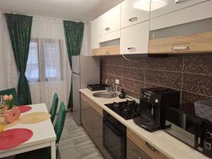 a kitchen with a stove and a sink and a table at Apartament NECTARIA in Băile Herculane