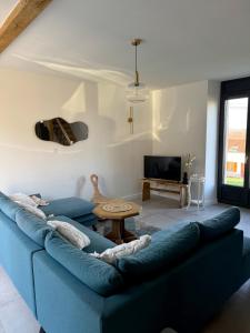 a living room with a blue couch and a tv at Blanche maison calme in Neuville-sur-Vanne