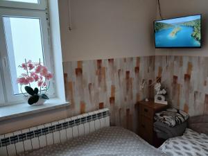 a bedroom with a bed and a window with a television at Kawalerka. in Przemyśl