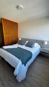 a large bed with blue pillows in a bedroom at Estudio Moderno Equipado - Centro Concepción, a pasos de la Estación in Concepción