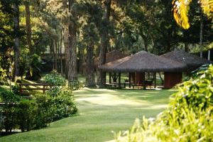 um gazebo com um telhado de relva num relvado em Pousada Tucano Do Cuiabá em Itaipava