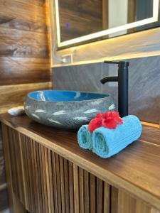 a sink and towels on a counter in a bathroom at Blue Marlin in Bocas Town +109 photos