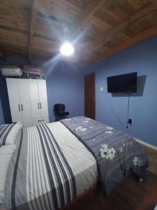 a bedroom with a bed with a tv on the wall at Grazie Carpe in Jaureguiberry