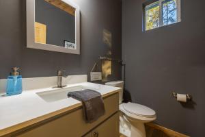 a bathroom with a sink and a toilet and a mirror at New listing-- Hocking Hills Modern Cabin in Logan +17 photos
