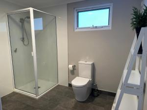 a bathroom with a toilet and a glass shower at Beachscape in Stanley +9 photos