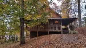 a cabin in the woods with leaves on the ground at Dreamcatcher Hideaway in Pigeon Forge