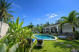 a backyard with a swimming pool and palm trees at Wanderlust Hostel - Highest Privacy Hostel In Kuta - Big Clear Pool - Fast Internet in Kuta Lombok