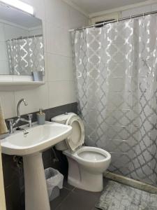 a bathroom with a toilet and a sink and a shower curtain at beit al moukhtar in Ḩārat at Taḩtā