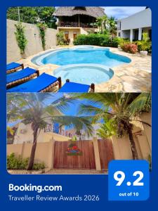 a collage of two pictures of a swimming pool at The Dream Village in Kiwengwa