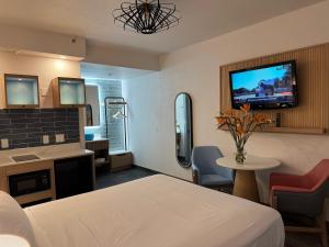 a room with a bed and a tv on a wall at Rodeway Inn Encinitas North in Encinitas