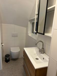 a small bathroom with a sink and a toilet at Heiligeweg 48 in Harlingen +4 photos