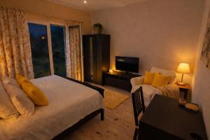 a bedroom with a bed and a couch and a television at Apartment im schönen Taunus in Dickschied