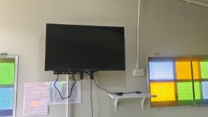 a flat screen tv hanging on a wall at Thung Setthi Homestay&Cafe4 in Chiang Dao