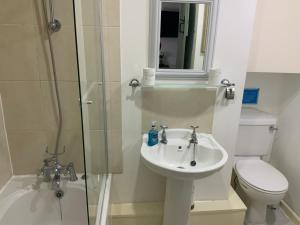 a bathroom with a toilet and a sink and a shower at fairfeilds cottage Frog Trotters Bottom in Hartpury +26 photos