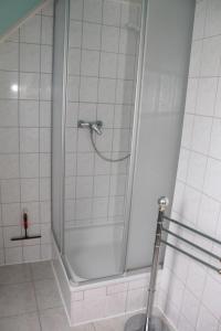 ザスニッツにあるFerienwohnung Krugのバスルーム(ガラスドア付きのシャワー付)
