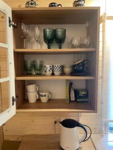 ein Schrank voller Schüsseln und Tassen und ein Wasserkocher in der Unterkunft Zwinger in Pilipets + 4 Fotos