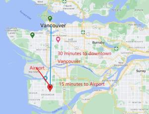 a map with a red arrow pointing to the airport at Spacious Bedroom with Two Queen Sized Bed in Richmond