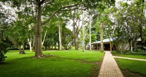 a walkway in a park with trees and a building at The Roaming Goat Guesthouse in Toekoms