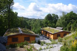 zwei Blockhäuser mit Vegetation auf ihren Dächern in der Unterkunft Landhäuser Bergwiese in Sankt Andreasberg