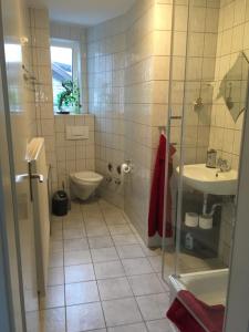 La salle de bains est pourvue de toilettes et d'un lavabo. dans l'établissement Anton-Ulrich Apartment, à Meiningen