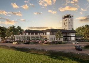 an architectural rendering of a building with a clock tower at Hotel van der Valk Spier Dwingeloo in Spier