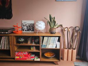 a book shelf with baseball bats and a plant on it at appartement Kemperberg in Arnhem