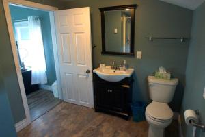 ein Badezimmer mit Toilette, Waschbecken und Spiegel in der Unterkunft Skipper Tom's in Twillingate